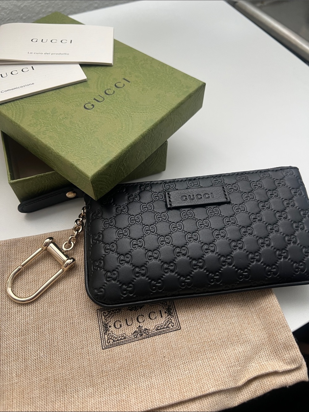 Gucci Black Embossed GG Leather Card & Key Pouch with Gold-Tone Chain